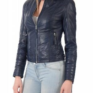 Vintage Sinequanone Sheepskin Leather Moto Jacket | Navy Blue |  Medium